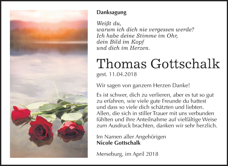 Traueranzeige für Thomas Gottschalk vom 05.05.2018 aus Mitteldeutsche Zeitung