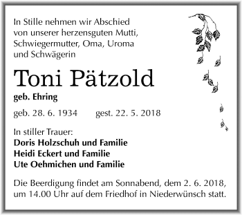 Traueranzeige von Toni Pätzold von Mitteldeutsche Zeitung Merseburg/Querfurt