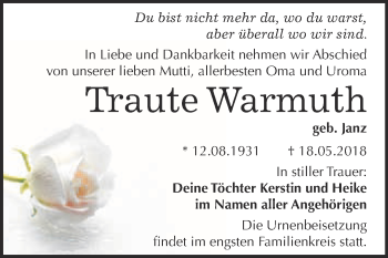 Traueranzeige von Traute Warmuth von WVG - Wochenspiegel Wittenberg