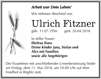 Traueranzeige von Ulrich Fitzner von WVG - Wochenspiegel Merseburg