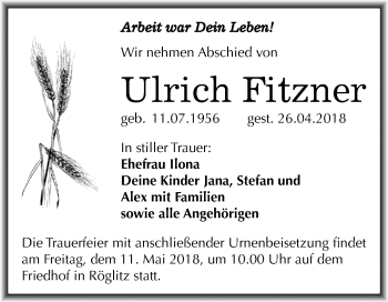 Traueranzeige von Ulrich Fitzner von Mitteldeutsche Zeitung