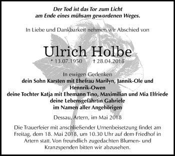 Traueranzeige von Ulrich Holbe von Mitteldeutsche Zeitung Dessau-Roßlau