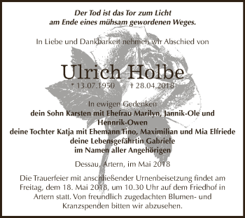 Traueranzeige von Ulrich Holbe von WVG - Wochenspiegel Dessau / Köthen
