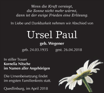 Traueranzeige von Ursel Paul von WVG - Wochenspiegel Quedlinburg