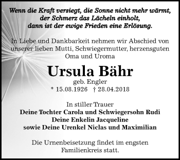 Traueranzeige von Ursula Bähr von Mitteldeutsche Zeitung Dessau-Roßlau