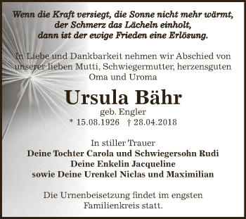 Traueranzeige von Ursula Bähr von WVG - Wochenspiegel Dessau / Köthen