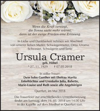 Traueranzeige von Ursula Cramer von Mitteldeutsche Zeitung Merseburg/Querfurt
