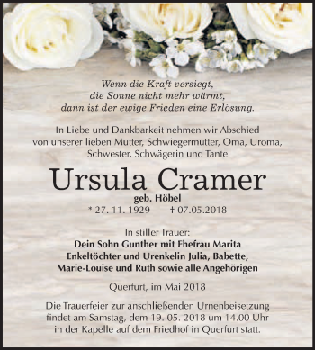 Traueranzeige von Ursula Cramer von WVG - Wochenspiegel Merseburg