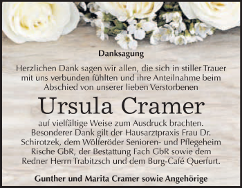 Traueranzeige von Ursula Cramer von WVG - Wochenspiegel Merseburg