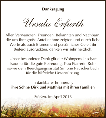 Traueranzeige von Ursula Erfurth von WVG - Wochenspiegel NMB / WSF / ZTZ