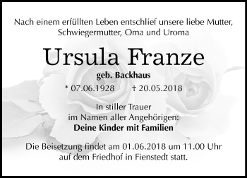 Traueranzeige von Ursula Franze von Mitteldeutsche Zeitung Halle/Saalkreis