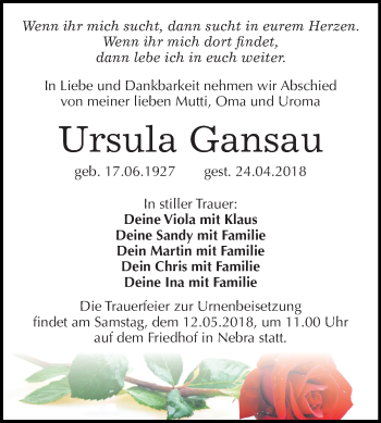Traueranzeige von Ursula Gansau von Mitteldeutsche Zeitung
