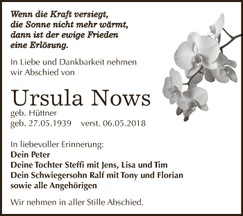 Traueranzeige von Ursula Nows von WVG - Wochenspiegel NMB / WSF / ZTZ