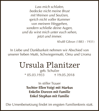 Traueranzeige von Ursula Planitzer von WVG - Wochenspiegel Dessau / Köthen