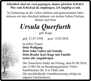 Traueranzeige von Ursula Querfurth von Mitteldeutsche Zeitung Quedlinburg