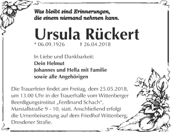 Traueranzeige von Ursula Rückert von WVG - Wochenspiegel Wittenberg
