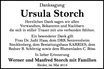 Traueranzeige von Ursula Storch von Mitteldeutsche Zeitung Quedlinburg