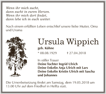 Traueranzeige von Ursula Wippich von Wochenspiegel Mansfelder Land