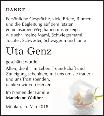Traueranzeige von Uta Genz von WVG - Wochenspiegel Wittenberg
