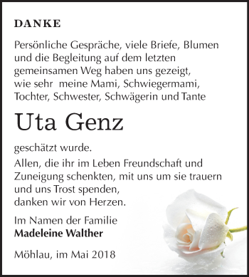 Traueranzeige von Uta Genz von Mitteldeutsche Zeitung