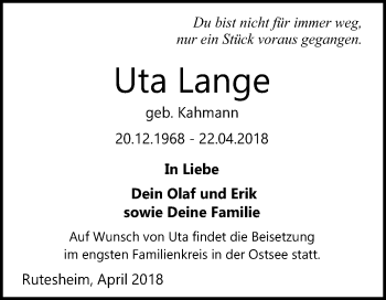Traueranzeige von Uta Lange von Mitteldeutsche Zeitung Halle/Saalkreis