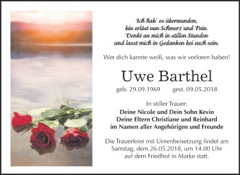 Traueranzeige von Uwe Barthel von WVG - Wochenspiegel Bitterfeld