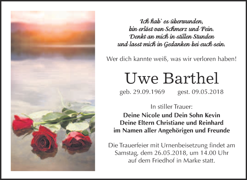  Traueranzeige für Uwe Barthel vom 16.05.2018 aus WVG - Wochenspiegel Bitterfeld