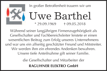 Traueranzeige von Uwe Barthel von WVG - Wochenspiegel Bitterfeld