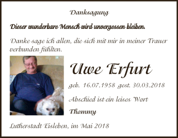 Traueranzeige von Uwe Erfurt von Wochenspiegel Mansfelder Land
