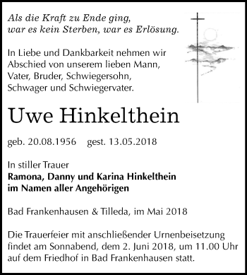 Traueranzeige von Uwe Hinkelthein von Mitteldeutsche Zeitung Sangerhausen