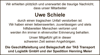 Traueranzeige von Uwe Schiele von Super Sonntag Aschersleben
