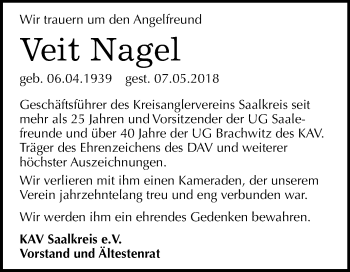Traueranzeige von Veit Nagel von Mitteldeutsche Zeitung Halle/Saalkreis