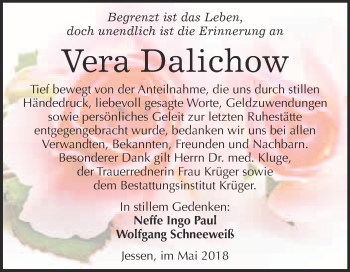 Traueranzeige von Vera Dalichow von WVG - Wochenspiegel Wittenberg