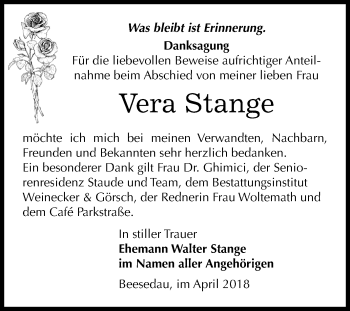 Traueranzeige von Vera Stange von Mitteldeutsche Zeitung Bernburg