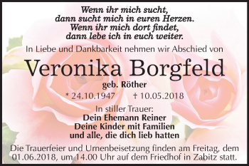 Traueranzeige von Veronika Borgfeld von Mitteldeutsche Zeitung Köthen