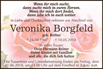 Traueranzeige von Veronika Borgfeld von WVG - Wochenspiegel Dessau / Köthen