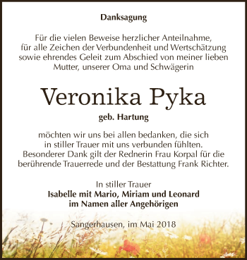 Traueranzeige von Veronika Pyka von Super Sonntag SGH Mansf. Land