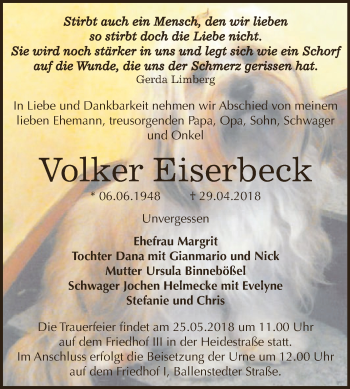 Traueranzeige von Volker Eiserbeck von WVG - Wochenspiegel Dessau / Köthen