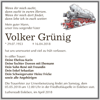 Traueranzeige von Volker Grünig von Wochenspiegel Mansfelder Land