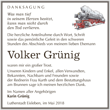 Traueranzeige von Volker Grünig von Wochenspiegel Mansfelder Land