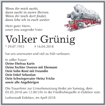 Traueranzeige von Volker Grünig von Mitteldeutsche Zeitung