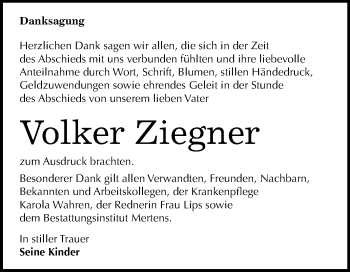 Traueranzeige von Volker Ziegner von Mitteldeutsche Zeitung