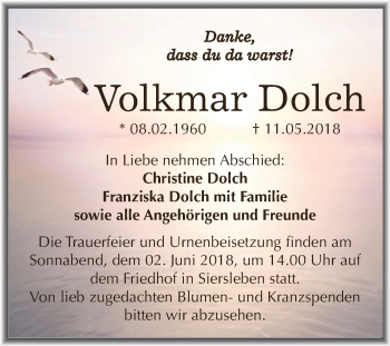 Traueranzeige von Volkmar Dolch von Super Sonntag SGH Mansf. Land