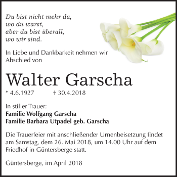 Traueranzeige von Walter Garscha von Mitteldeutsche Zeitung