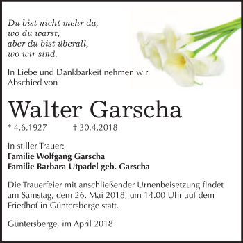 Traueranzeige von Walter Garscha von WVG - Wochenspiegel Quedlinburg