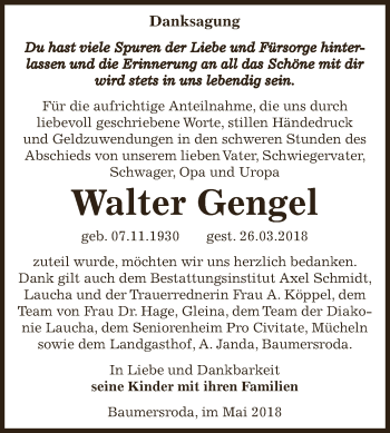 Traueranzeige von Walter Gengel von WVG - Wochenspiegel NMB / WSF / ZTZ