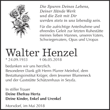 Traueranzeige von Walter Henzel von WVG - Wochenspiegel Wittenberg