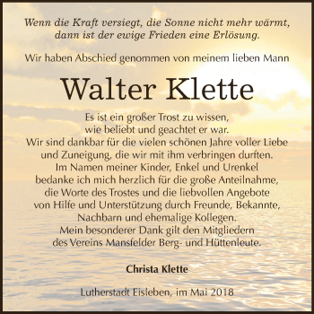 Traueranzeige von Walter Klette von Wochenspiegel Mansfelder Land