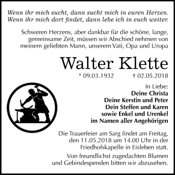 Traueranzeige von Walter Klette von Mitteldeutsche Zeitung