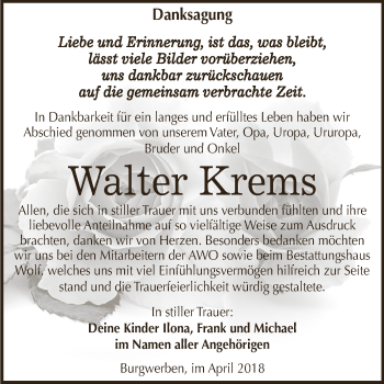 Traueranzeige von Walter Krems von WVG - Wochenspiegel NMB / WSF / ZTZ